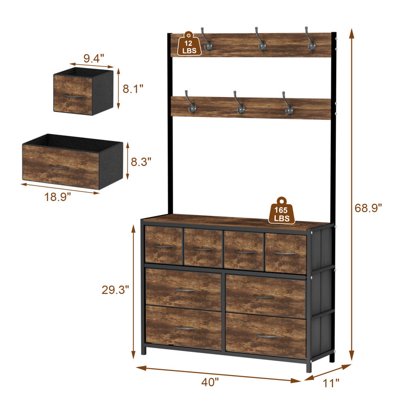 69" Freestanding Wardrobe Closet with 8 Fabric Drawers & 6 Double Hooks, Storage Organizer, Black/Rustic Brown