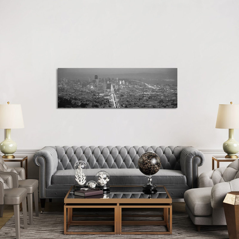 San Francisco Panoramic Skyline Cityscape (Sunset Black & White) - Wrapped Canvas Panoramic Print