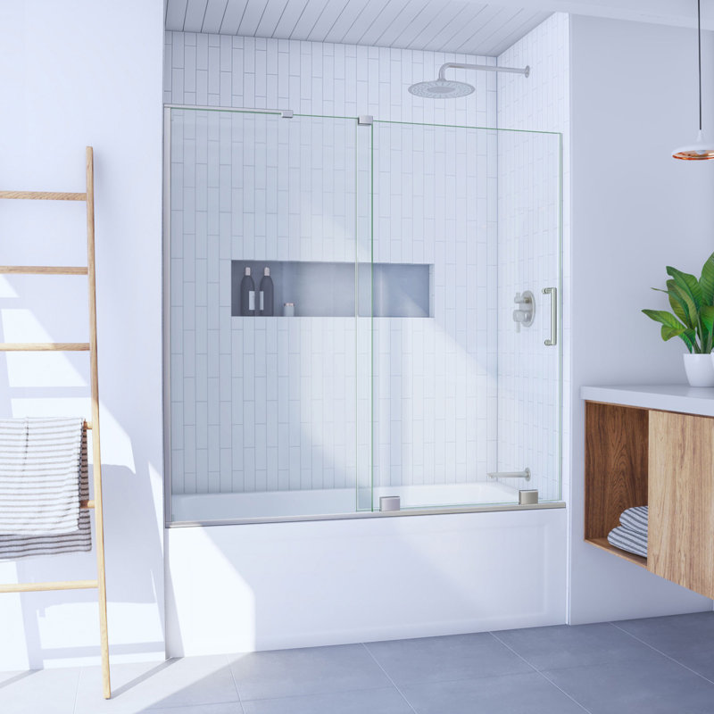 DreamLine Mirage-X 55 - 59 inch W x 58 inch H Frameless Sliding Tub Door, Right Opening, Nickel