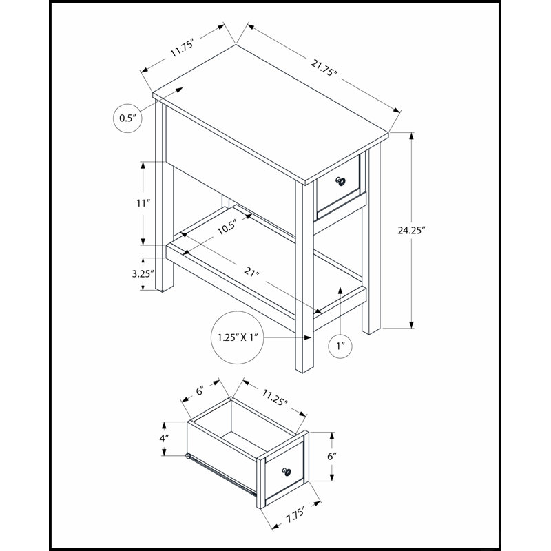 Table d'appoint étroite à 2 niveaux avec tiroir de rangement, idéale pour les chambres à coucher et les salons, conception transitionnelle en placage gris délavé.