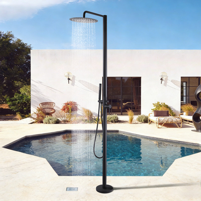 Système de douche extérieur autoportant 83,5 po en acier inoxydable avec douche à main, Noir mat