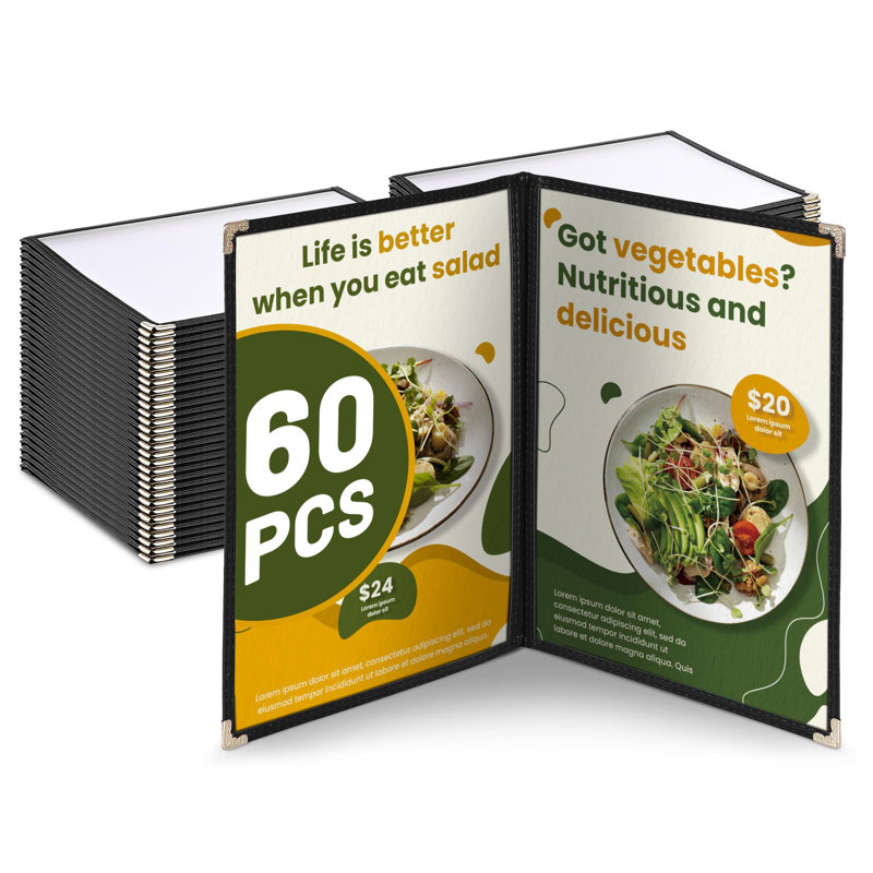 Paquet de 60 couvertures de menu de restaurant WeChef 8,5 po x 11 po style livre 2 pages 4 vues