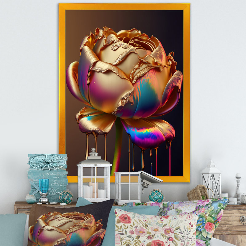 «Rainbow Peony», impression sur toile, Encadrement doré, H 32 po x l 16 po x P 1 po