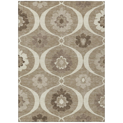 Tapis intérieur / extérieur lavable 10 pi x 14 pi brun et ivoire à médaillon taupe