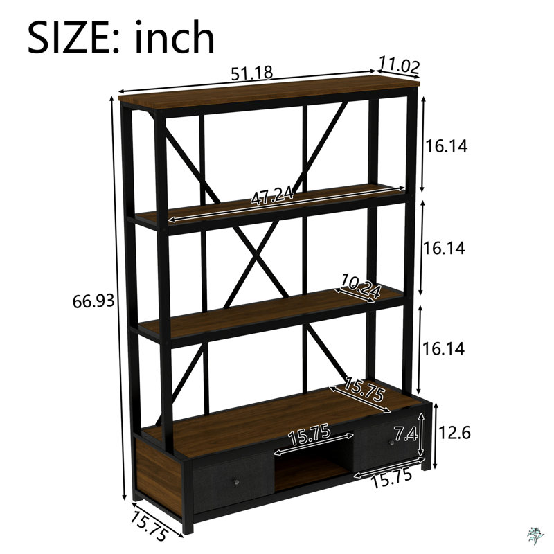 3-Shelf Metal Bookcase With Drawers, Open Bookcase, Vintage Industrial Style Bookcase With LED, Brown