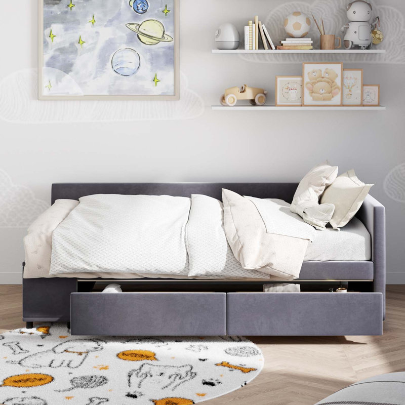 Lit plateforme simple tapissier en forme de L avec rangement et tiroirs, Gris