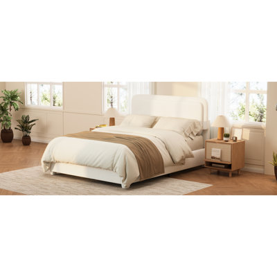 Structure de lit grand Boucle avec tête de lit à hauteur réglable, lit plateforme moderne avec tête de lit courbée, lit plateforme élégant en tissu bas Boucle, pas de sommier nécessaire, assemblage facile, blanc