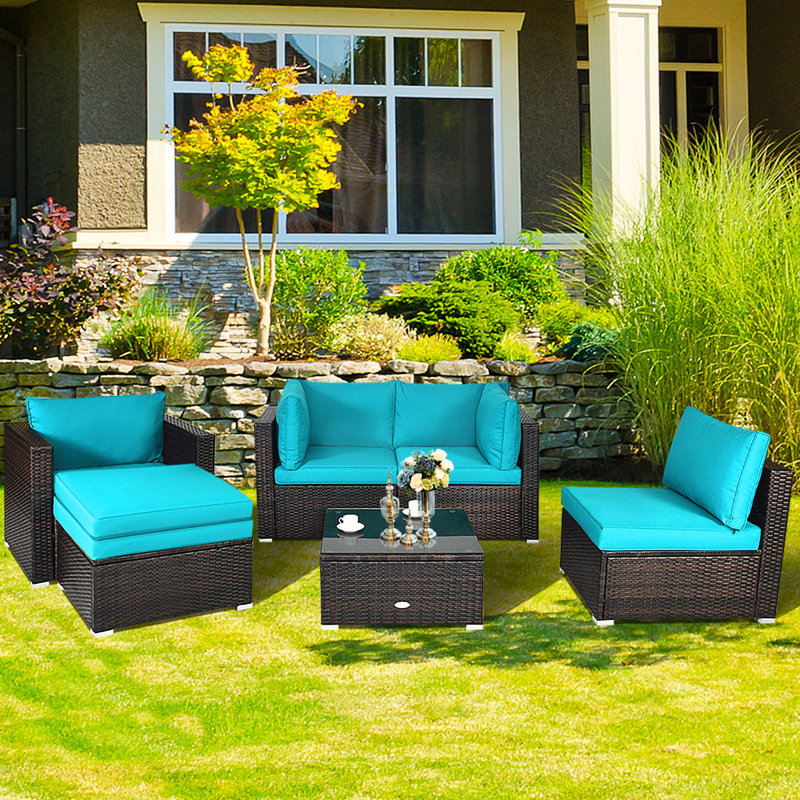 Ensemble de conversation modulaire en rotin 7 pièces avec coussins Patiojoy, Turquoise