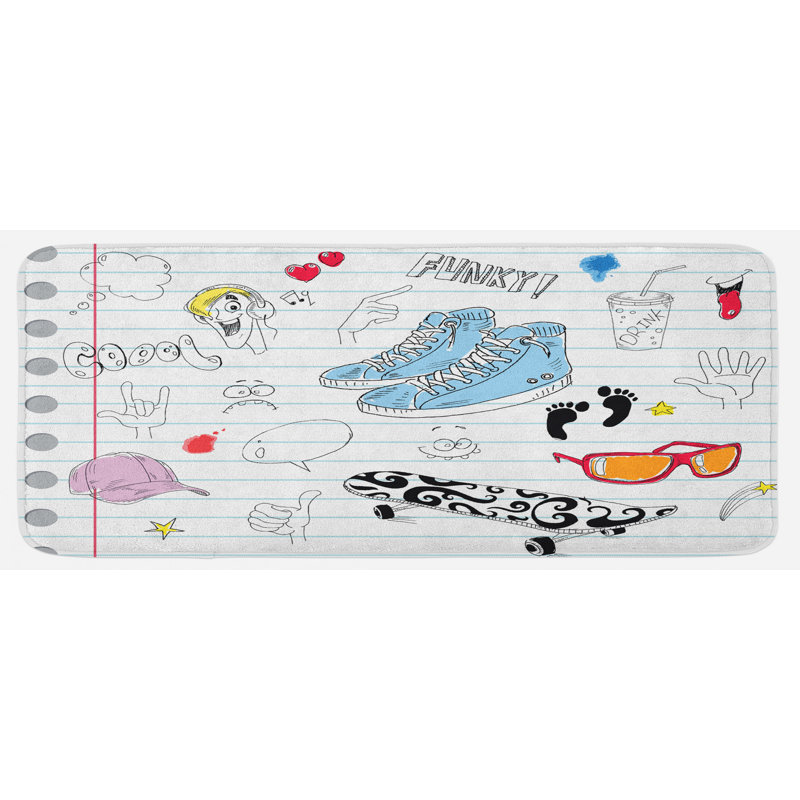 Tapis de cuisine à motif de cahier avec une variété de dessins Funky