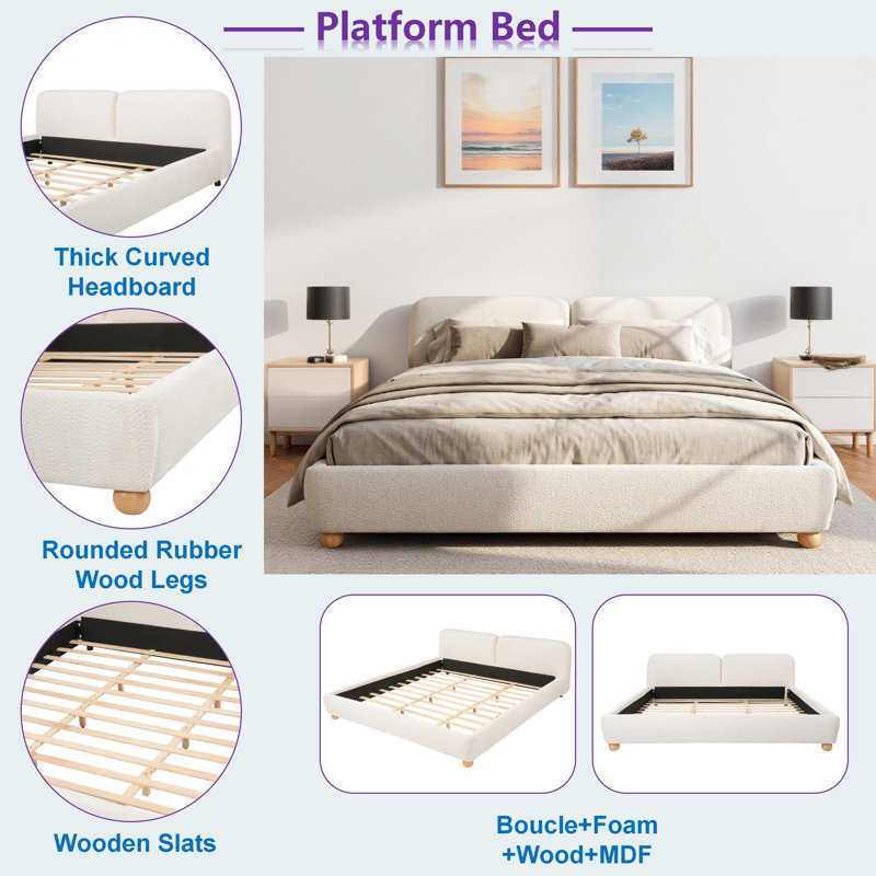 Lit plateforme tapissier avec tête de lit épaisse incurvée et pieds arrondis en bois d'hévéa, Blanc