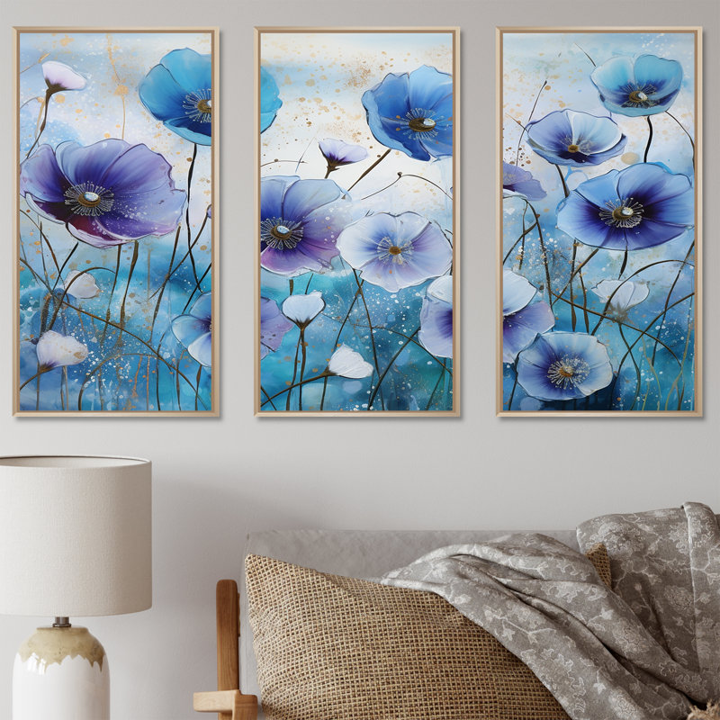 «Blue and Purple Morning Glory Flowers» - ensemble de reproductions d'art mural, Cadre naturel flottant