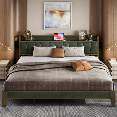 Dark Green Upholstered Platform Bed With Storage Headboard & Charging Station