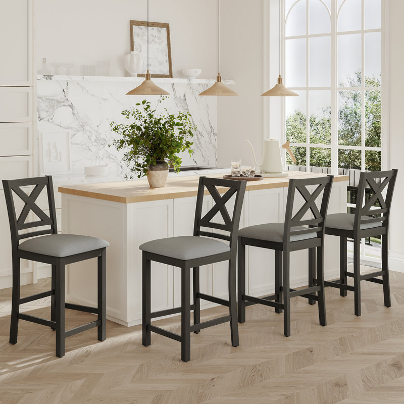 Tabouret de bar rembourré de 26 po en bois massif , Gris, Gris foncé
