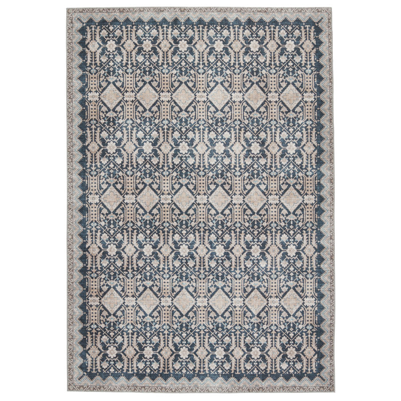 Dalia Machine Washable Performance Dark Blue/Tan Rug, Rectangle 6' x 9'