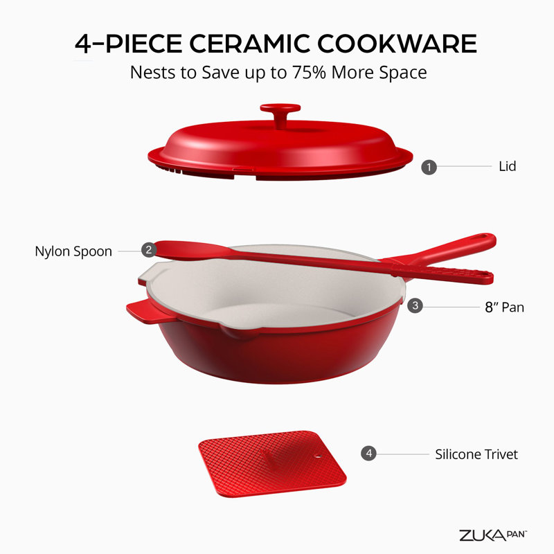 Poêle multifonctionnelle antiadhésive avec couvercle et cuillère en nylon Granitestone Zuka Everyday 8In, Rouge