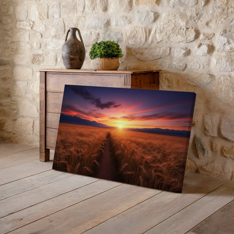 Toile, "Un paysage tranquille au coucher du soleil", art mural sur un chemin de terre sinueux, H 11 po x l 14 po