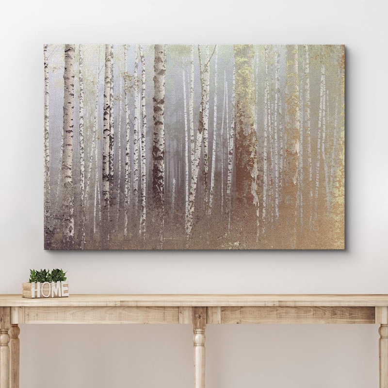 Aspen Birch Foggy Autumn White Birch Tree Forest Nature Landscape Technique mixte sur toile, Toile tendue