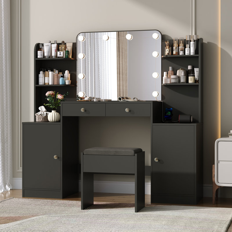53" W Modern Large Vanity Desk With LED Lighted Mirror & Power Outlet, Dresser Table With 2 Drawers and 2 Cabinets For Bedroom