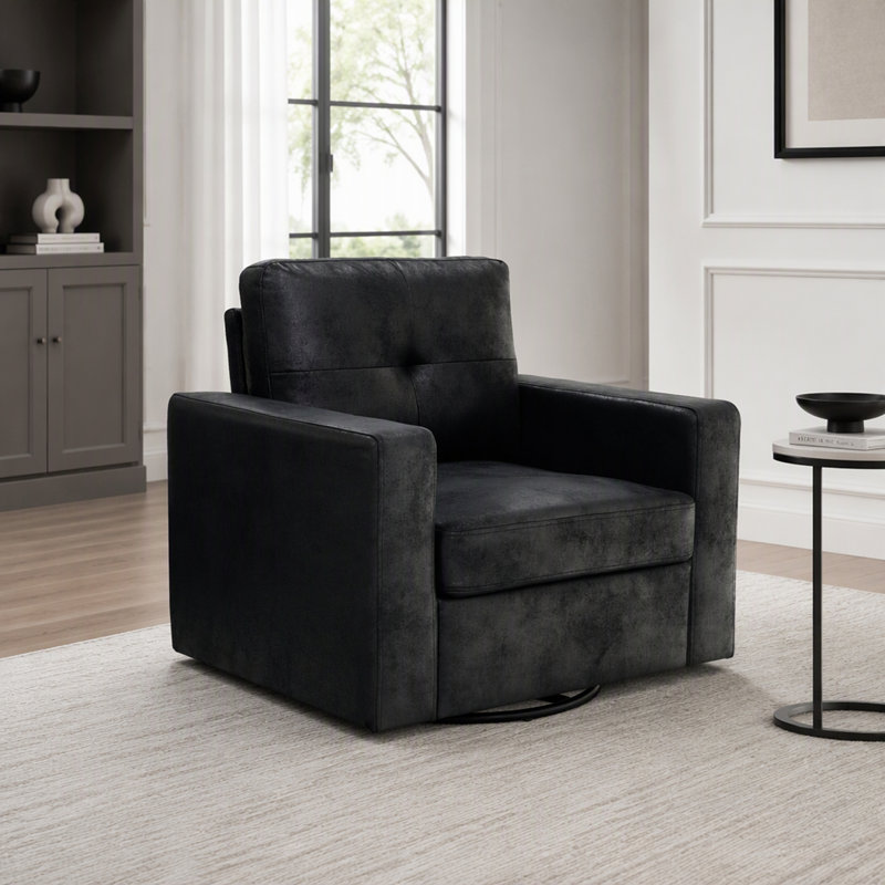 Floral Upholstered Swivel Accent Chair with Point Tufted Back for Living Room and Office Spaces, Black