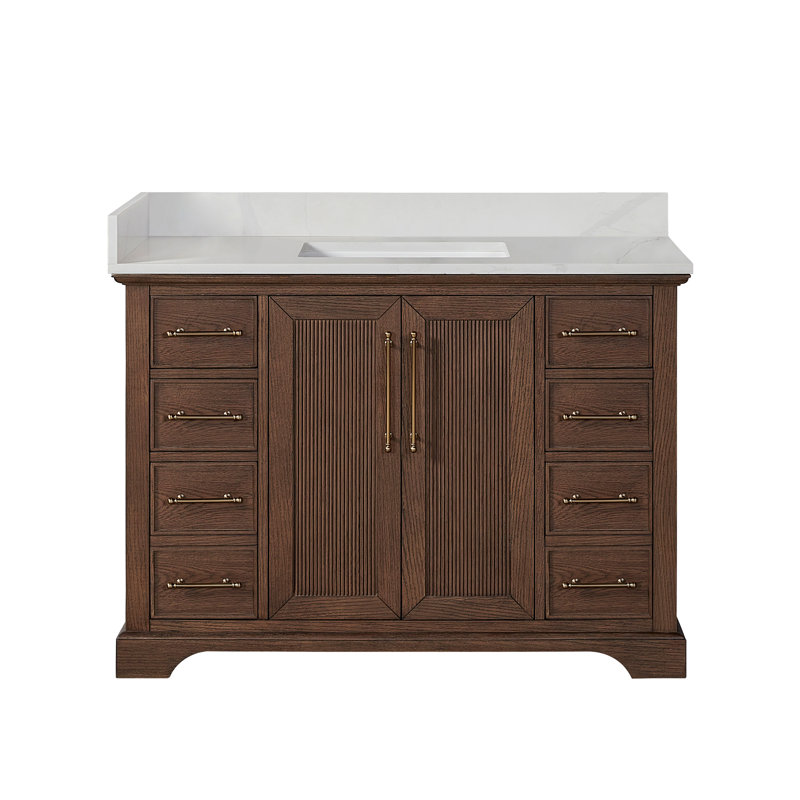 Friedliese 48" Single Bath Vanity with Silk White Quartz Stone Top, Aged Dark Brown Oak