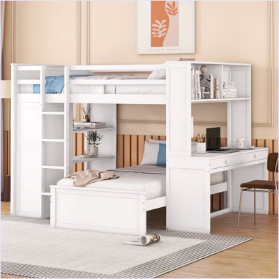Lit mezzanine avec lit autonome, tablettes, bureau et garde-robe