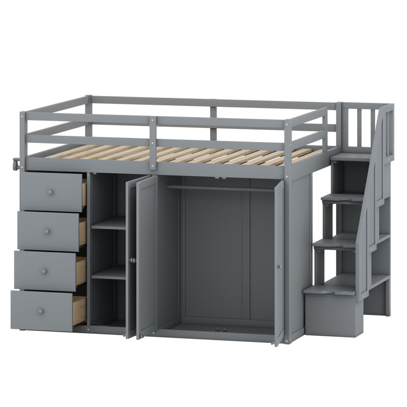 Lit mezzanine peu encombrant avec armoires encastrées, armoires et tiroirs, Gris