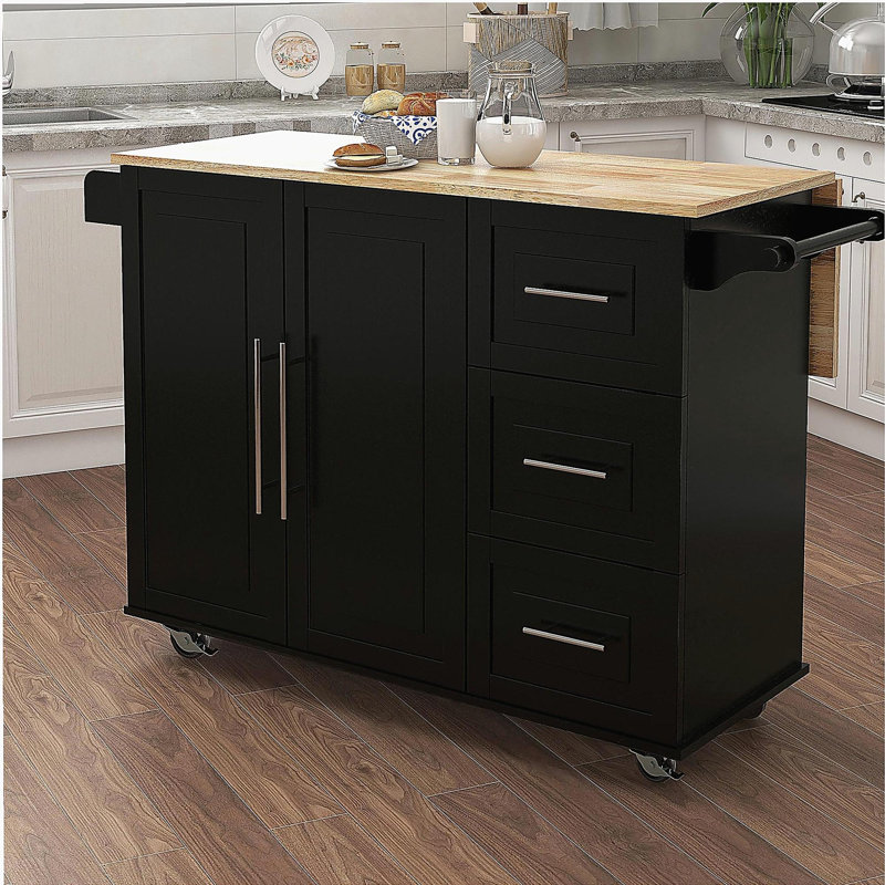 Kitchen Island with Spice Rack, Towel Rack and Extensible Solid Wood Table Top-Black, Black