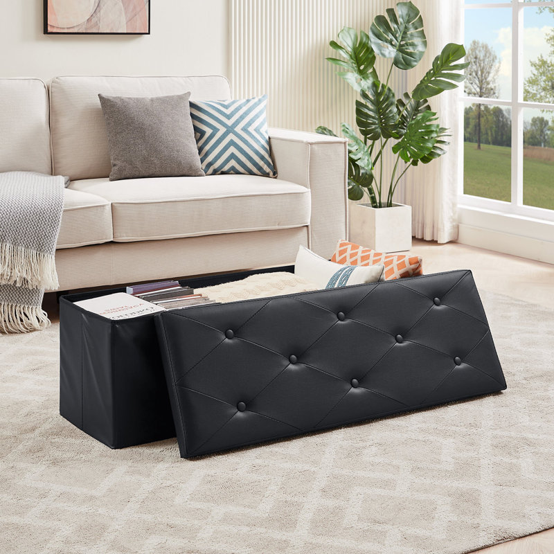 Nairne 110cm Wide Faux Leather Tufted Rectangle Solid Colour Storage Ottoman with Storage, Black