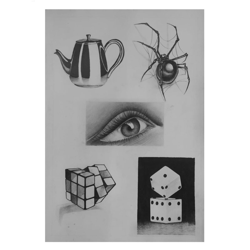 Attractive Puzzle Sketch Graphite Drawing on Paper by Suman Das – 23.4"x16.5" Thoughtful Still Life Composition with Teapot, Dice & Eye, Monochrome Art