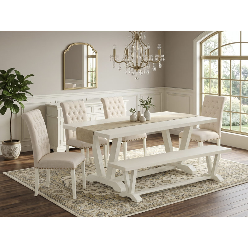 Ensemble de table de salle à manger 6 pièces comprenant une table de salle à manger rectangulaire et 4 chaises Parson en tissu de lin beige clair avec banc, multicolore