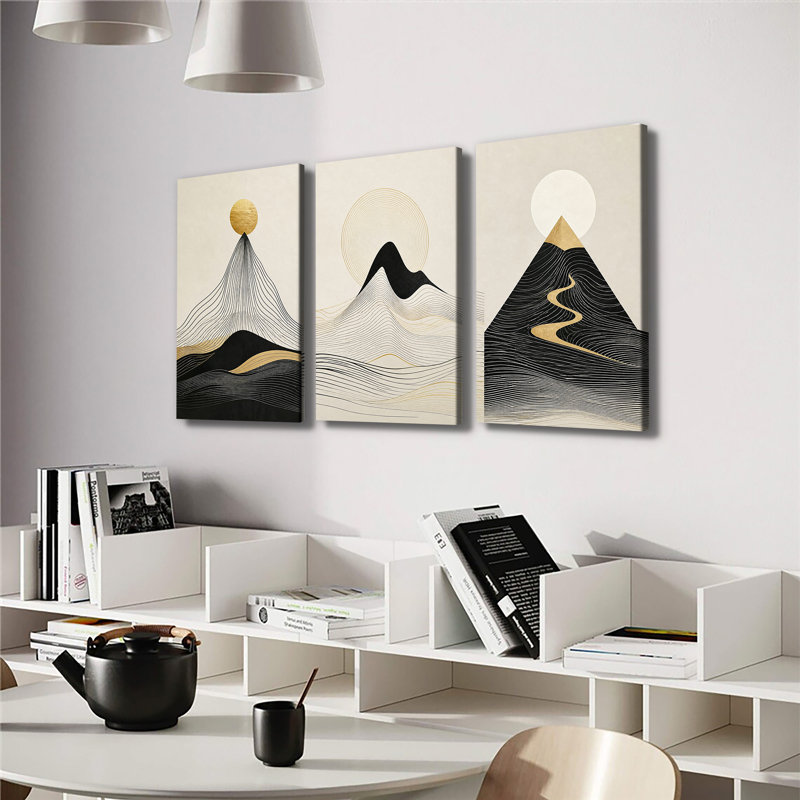 Toile, art mural, dessin au trait, paysage de montagne doré pour bureau de chambre à coucher, 24 * 36 pouces * 3