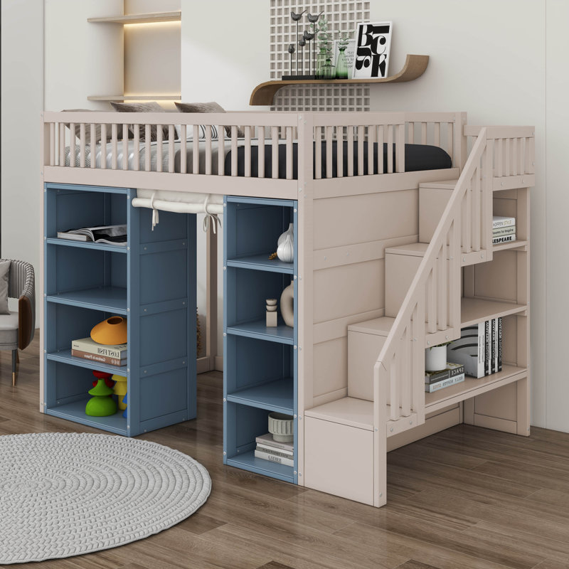 Full Size Loft Bed With 2 Four-Layer Storage Cabinets And Curtain