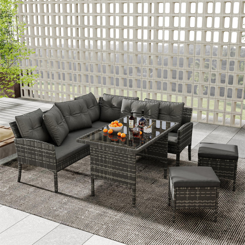 Pizano 7 - Person Patio Dining Set with Rectangular Table , Cushions Included, Grey, Grey