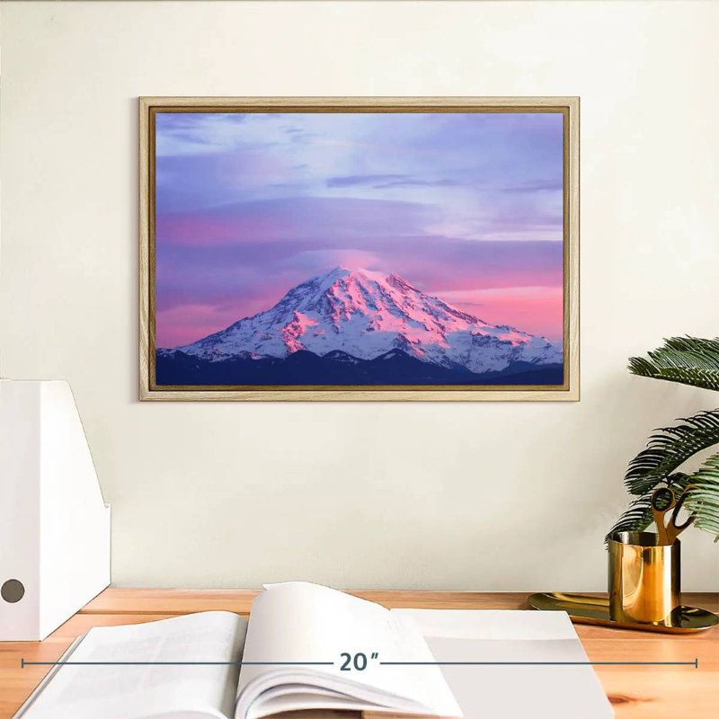 Mont Rainier, coucher de soleil rose, Cadre flottant en bois naturel, 13 po x 9 po