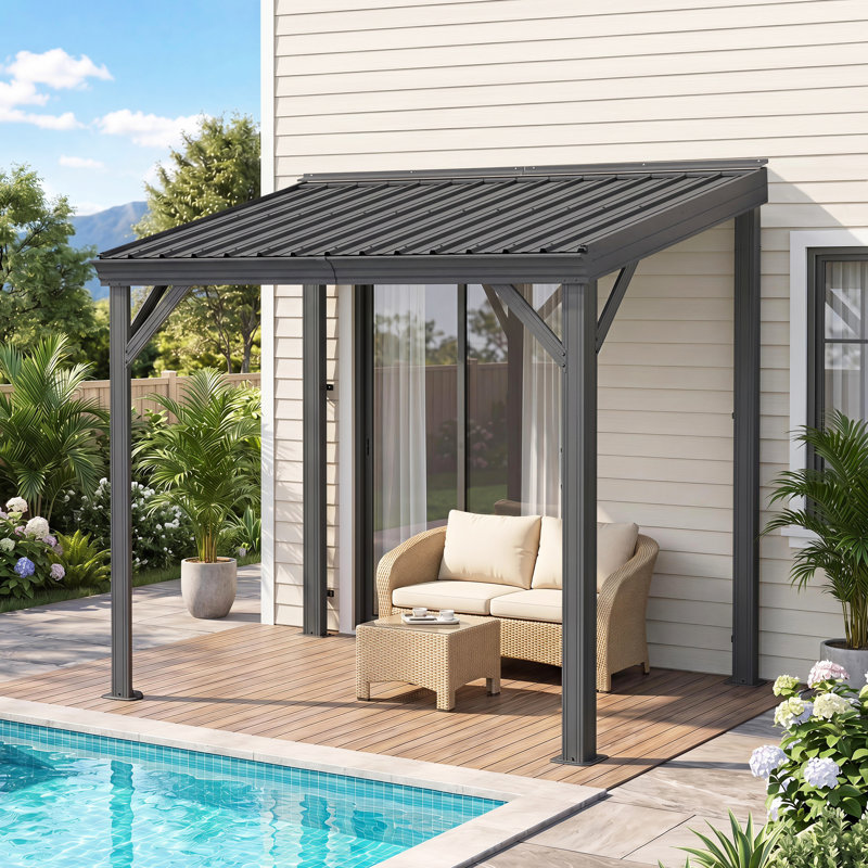 Pavillon de jardin pour terrasse, incliné, avec toit en acier galvanisé incliné, Gris