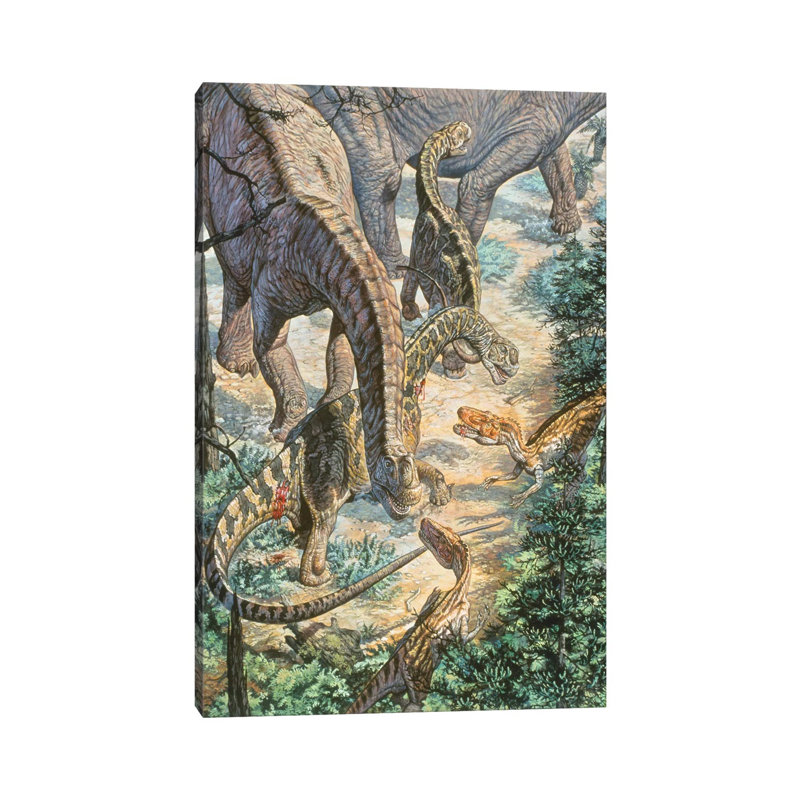 Jobaria Sauropods And Afroventor Raptors Of The Mid-Cretaceous Period by Mark Hallett - Wrapped Canvas Print