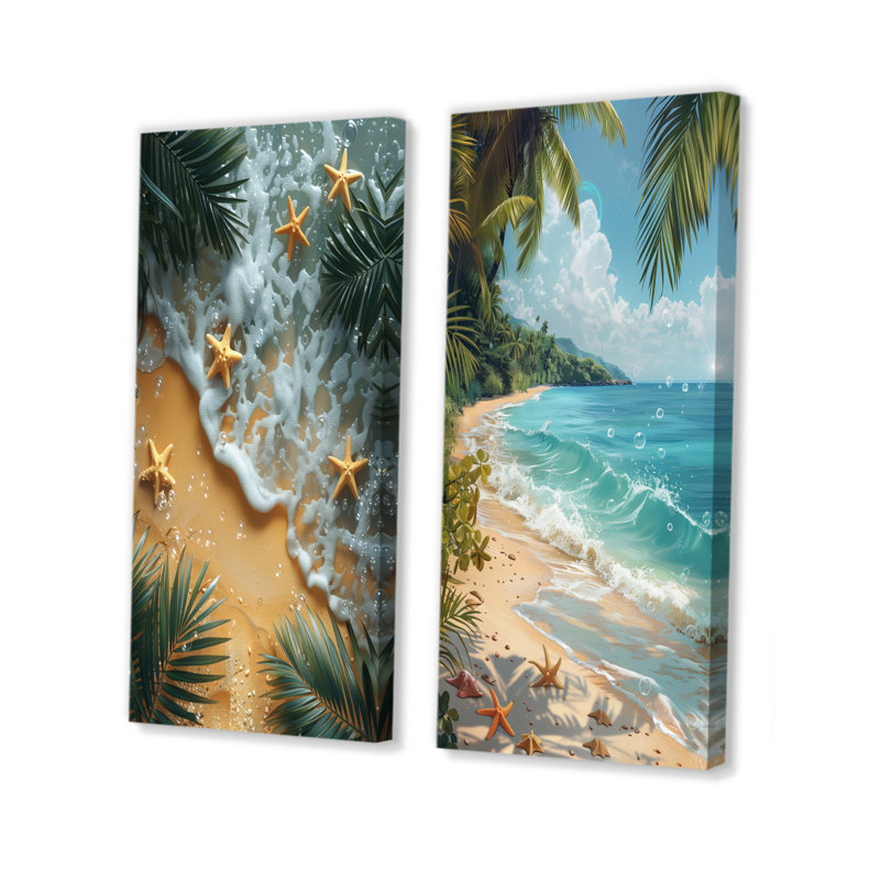 Étoile de mer à la plage tropicale I - ensemble d'art mural de plage 2 pièces, H 28 po x l 24 po, Toile tendue sur cadre
