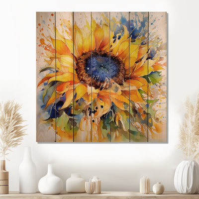 Impression de tournesols jaunes et dorés sur bois naturel