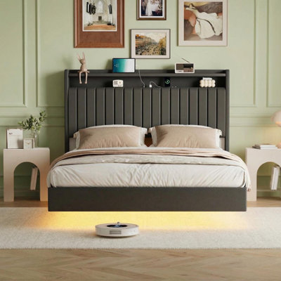 Lit flottant de 50 po de hauteur avec lumières DEL et station de charge, cadre de lit en cuir synthétique avec tête de lit