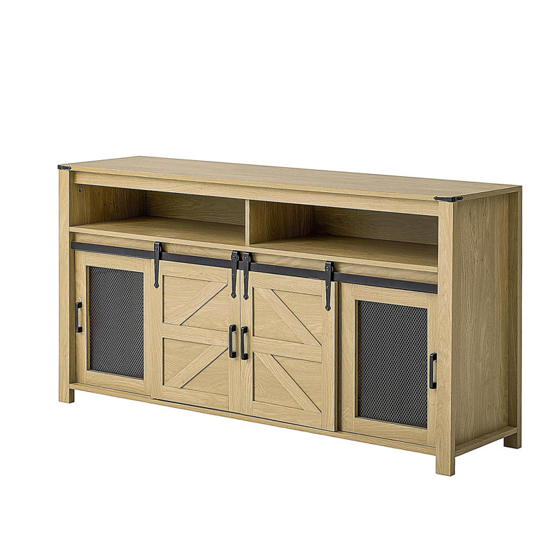 Buffet avec porte de grange coulissante et panneaux grillagés, buffet de ferme avec rangement ouvert, Naturel