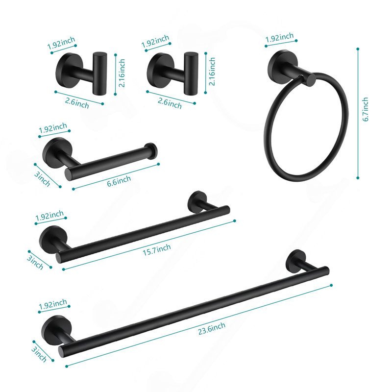 Ensemble de porte-serviettes de salle de bain en acier inoxydable 6 pièces, Noir mat
