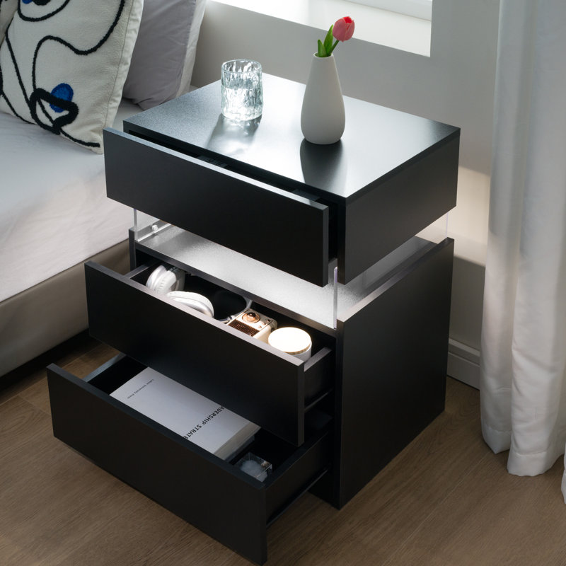 Nightstands 3 Drawer Dresser for Bedroom End Table with Acrylic Board LED Bedside Tables, Black