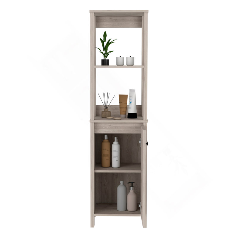 Armoire à linge, deux tablettes intérieures, deux tablettes ouvertes, une porte, Gris