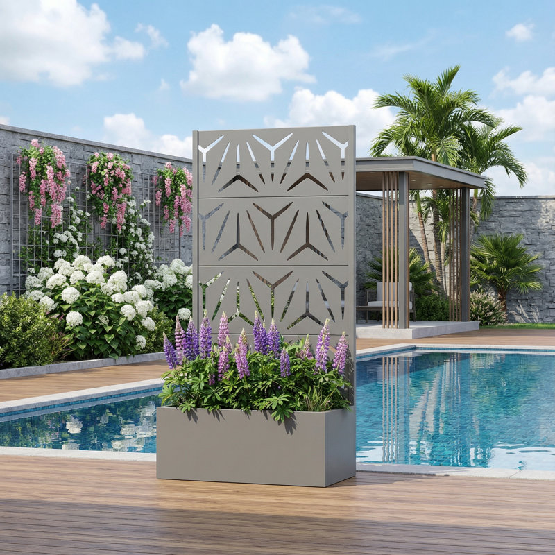 Metal Planter Box with Trellis with Wheels, Gray
