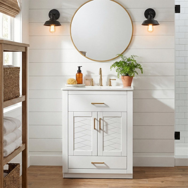 Meuble-lavabo simple 24 po avec lavabo intégré en céramique, tiroir en MDF et détails à chevrons 24 po, Blanc