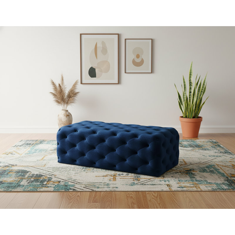 Repose-pieds cocktail rectangulaire en velours capitonné de 52 po Paz, Velours marine