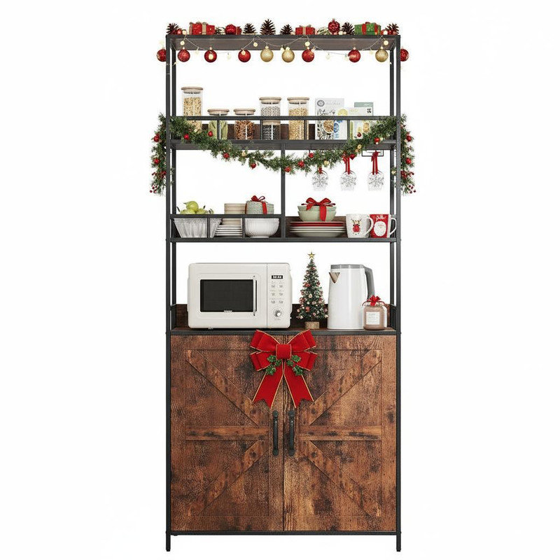 Étagère de cuisine de 70,8 po avec armoire de rangement - Paniers et crochets pour le vin, les verres, les boissons et les collations - Armoire à vin haute et bar pour le salon, la cuisine