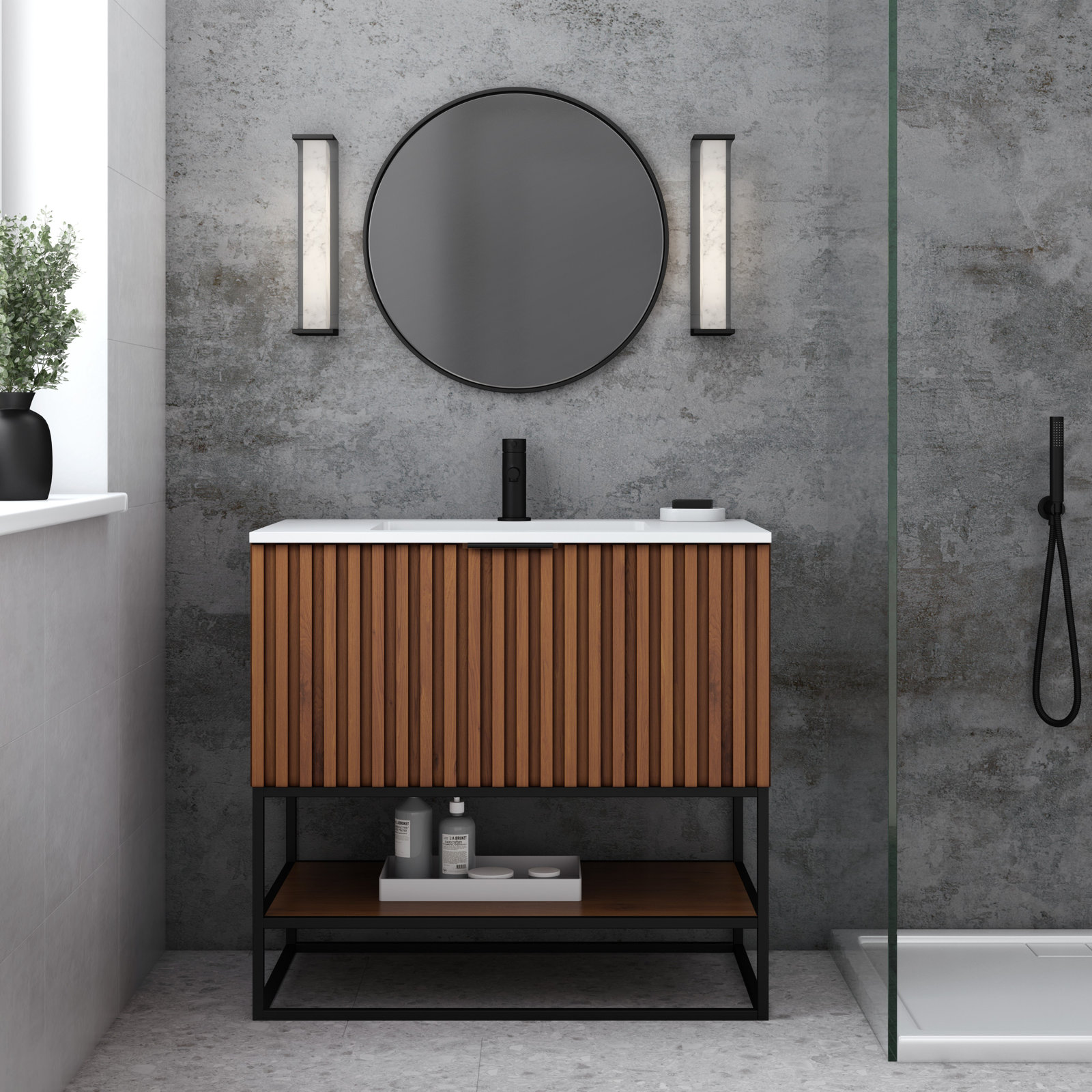 Terra 36'' Single Bathroom Vanity, White Quartz/Single Faucet Mount, Walnut, Matte Black