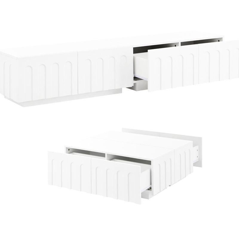 Le meuble télé blanc et la table basse, arqués ajoutent de l'élégance, peuvent être combinés pour différents besoins, de grands tiroirs de rangement pour les articles de tous les jours, des téléviseurs idéaux jusqu'à 80 po, un design moderne et élégant, une combinaison