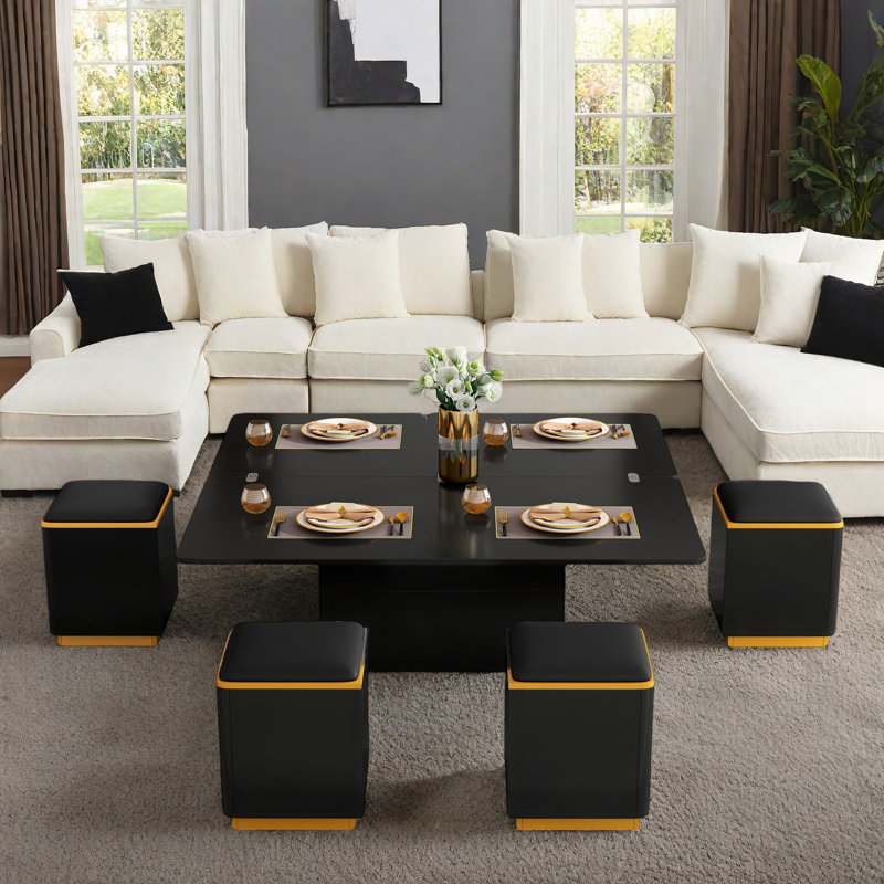 Table basse relevable avec 4 tabourets de rangement, plateau pliable et deux tiroirs cachés, Noir